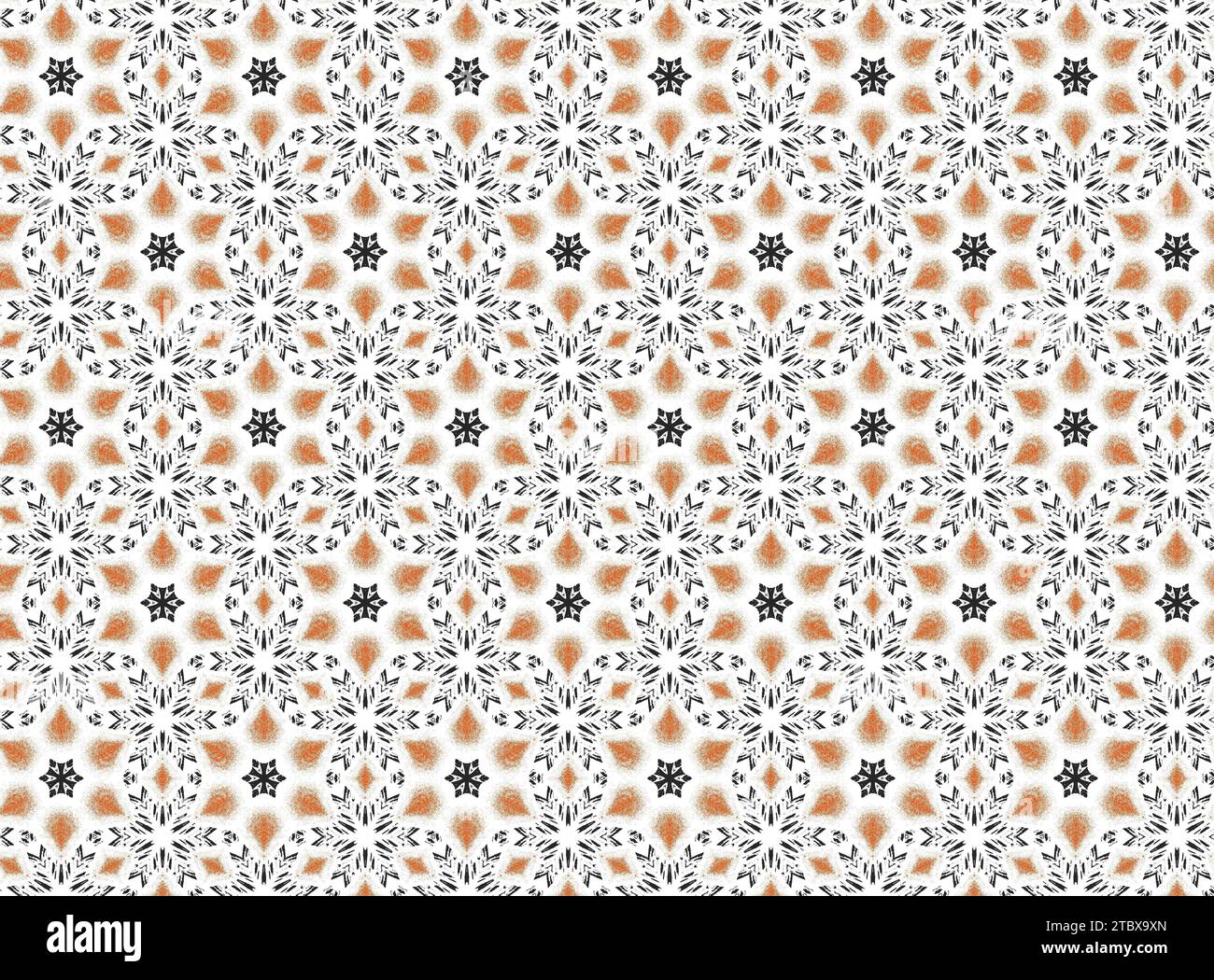 Questo sfondo astratto presenta uno sfondo arancione vivace con cerchi neri, fiori e fiocchi di neve in un motivo a ripetizione Foto Stock