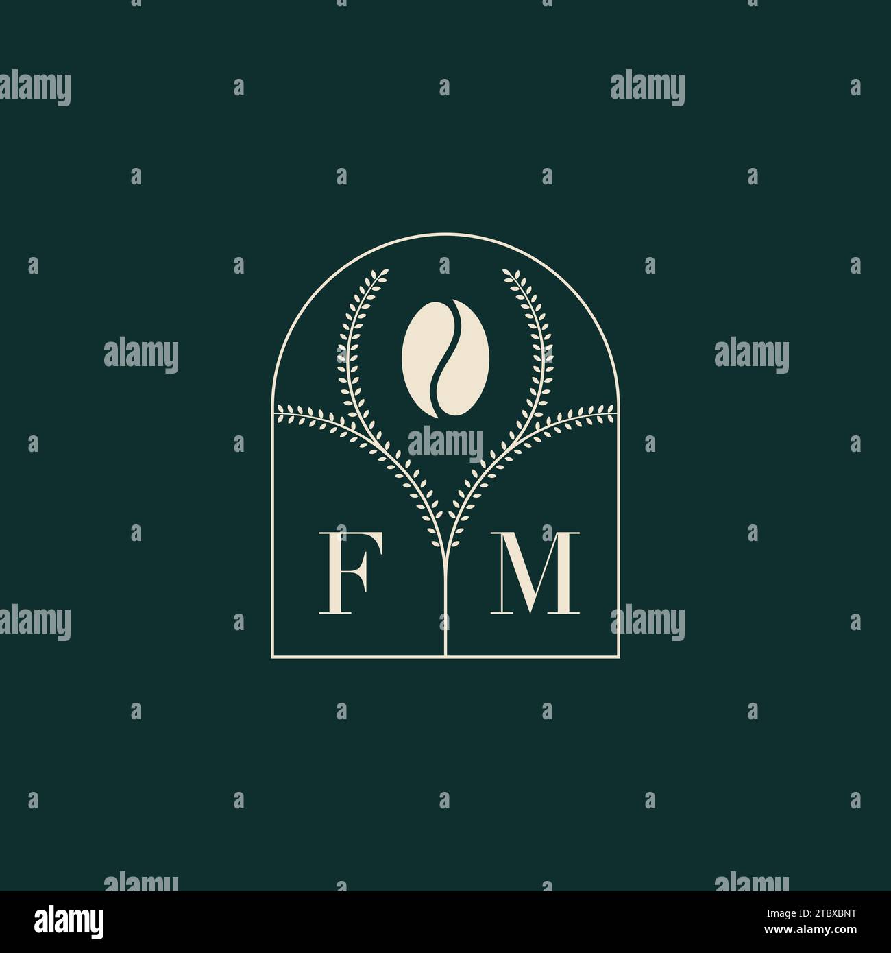 Design esclusivo e semplice con logo FM, combinazione di lettere e chicchi di caffè Illustrazione Vettoriale