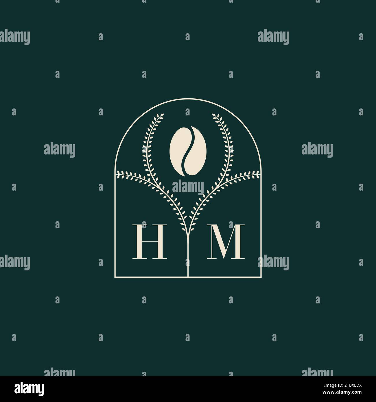 HM esclusivo e semplice logo con combinazione di lettere e chicchi di caffè Illustrazione Vettoriale