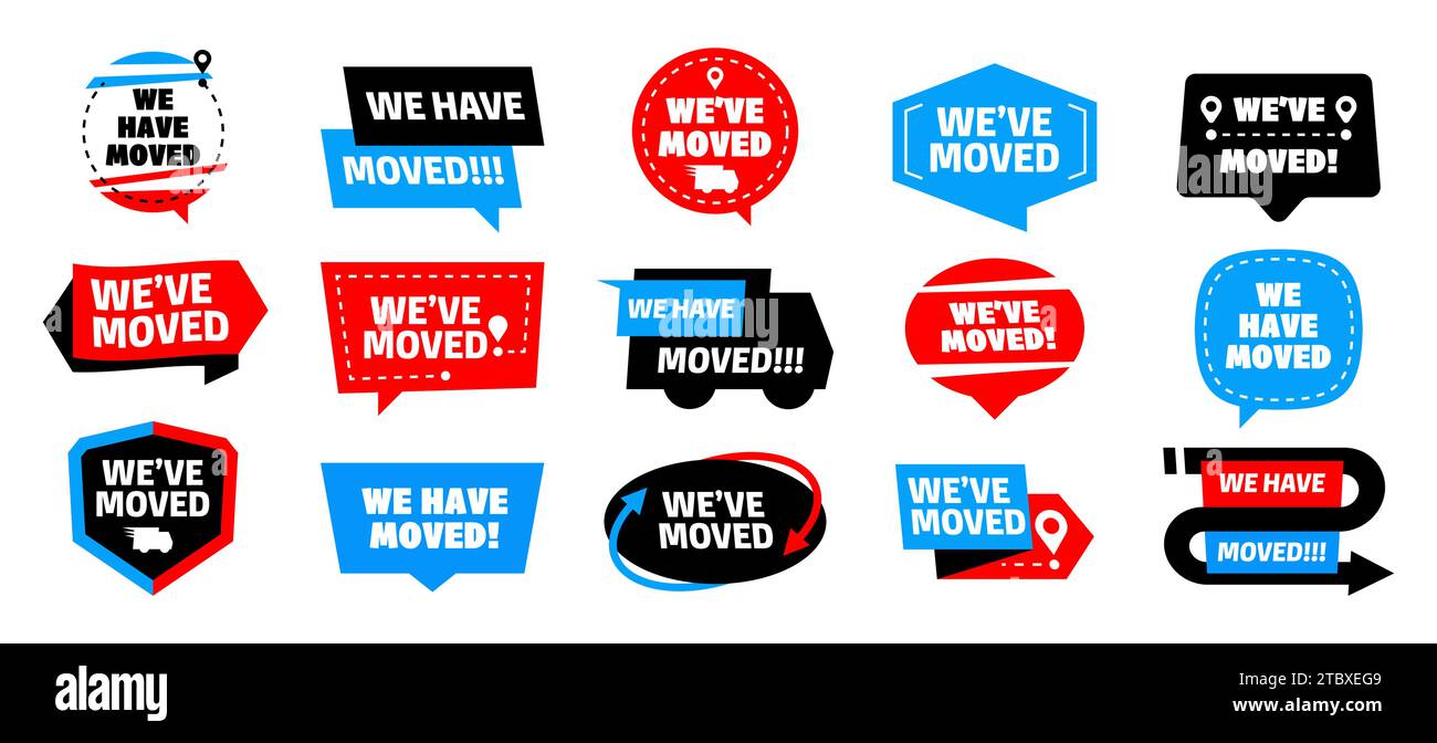 Abbiamo spostato i segnali. Messaggio di trasferimento con puntatore, etichetta di trasferimento con timbro, etichetta piatta per appartamento, informazioni sul percorso in movimento. Insieme isolato dal vettore. Modifica dell'indirizzo del negozio o dell'azienda Illustrazione Vettoriale
