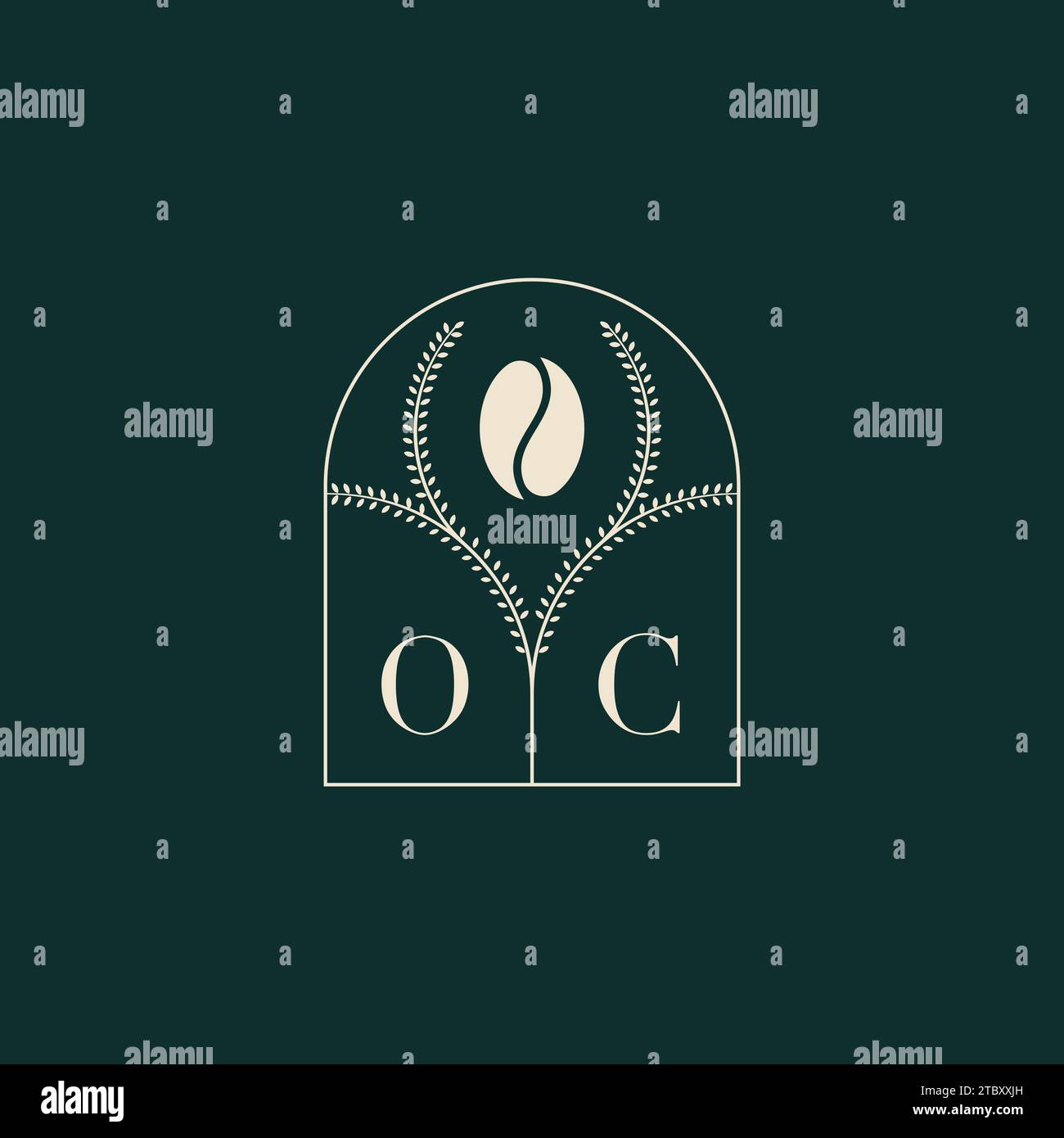 Design esclusivo e semplice del logo OC, combinazione di lettere e chicchi di caffè Illustrazione Vettoriale