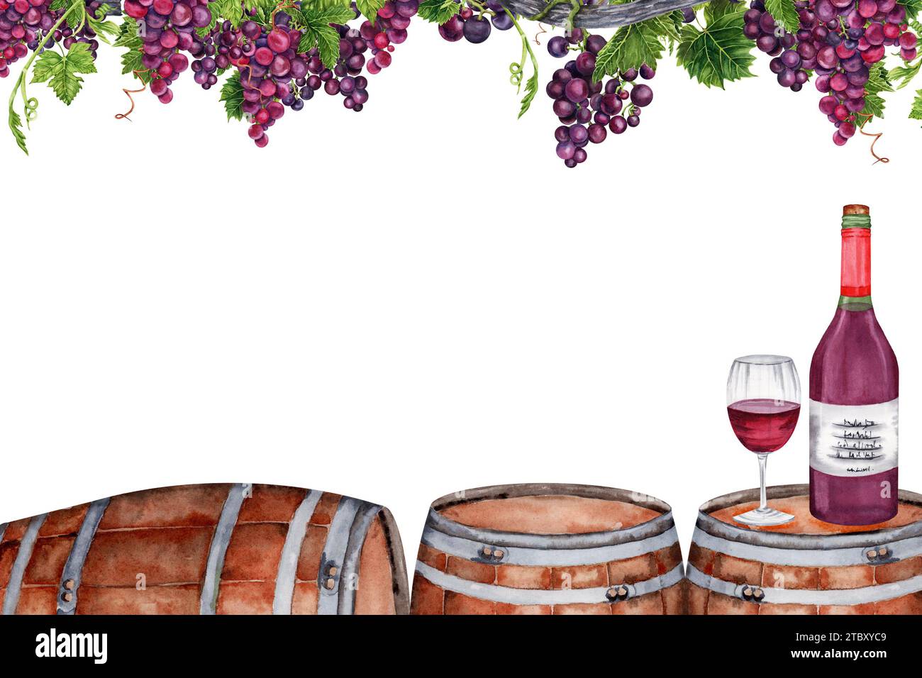 Disegno da cartolina con bicchiere di vino e bottiglia in cima alla botte di legno sotto grappoli di uva con foglie verdi sul ramo della vite. Illustrazione acquerello Foto Stock
