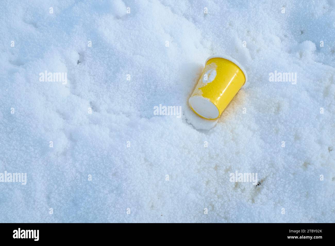 tazza di bibite usa e getta scartata sul marciapiede, giacente sulla neve, villaggio rurale della contea di zala, ungheria Foto Stock