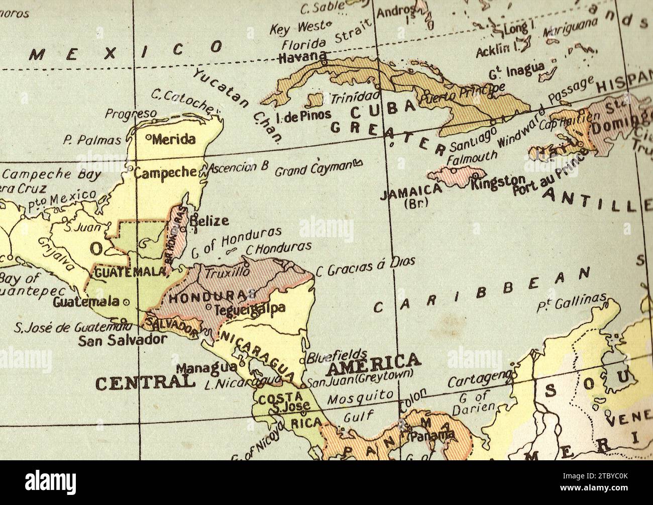 Una mappa politica d'epoca/antica in seppia che mostra l'America centrale e il Mar dei Caraibi. Foto Stock