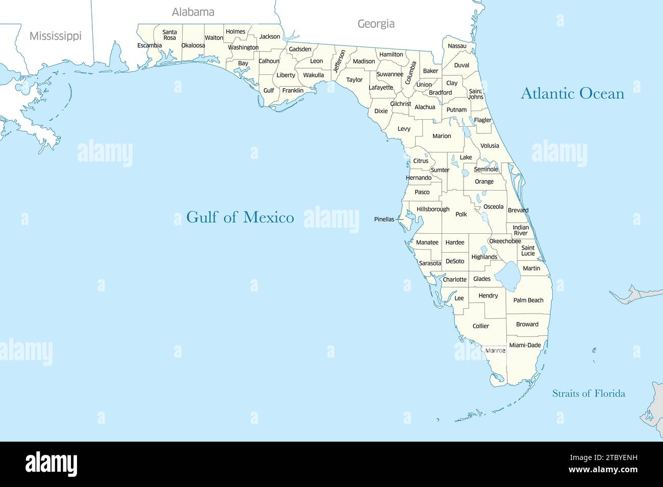 Mappa delle contee dello stato della Florida Foto Stock