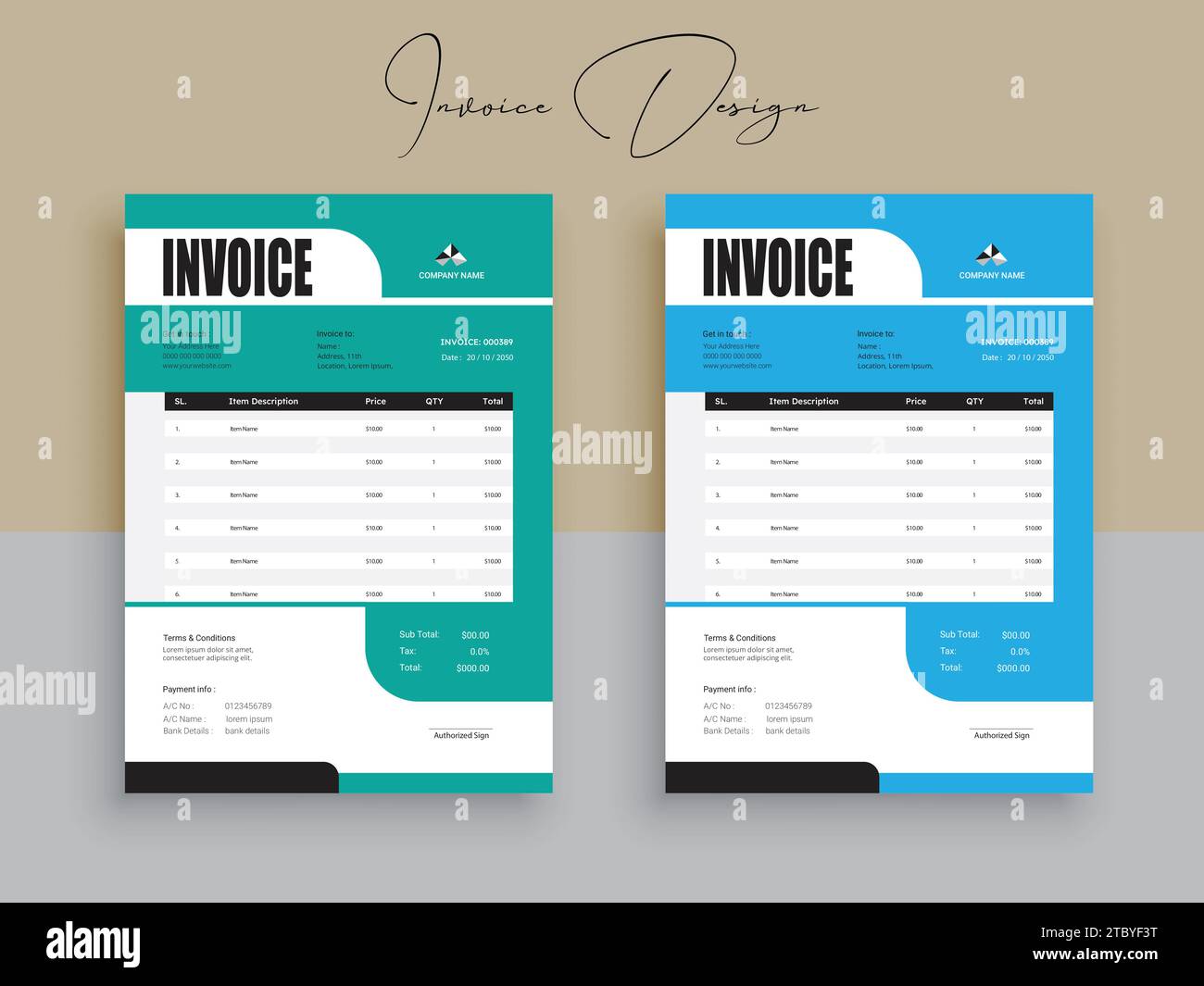 Design professionale di fatture e intestazioni per uffici aziendali. carta intestata, illustrazione del disegno della fattura. Design aziendale moderno e semplice Illustrazione Vettoriale