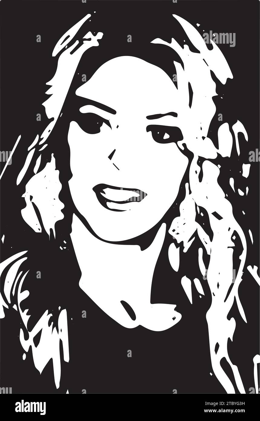 Ritratto di Shakira. Bianco e nero Vector. Cantante colombiana con capelli ondulati. Balla muovendo i fianchi, musica pop latina in Sud America. Illustrazione Vettoriale