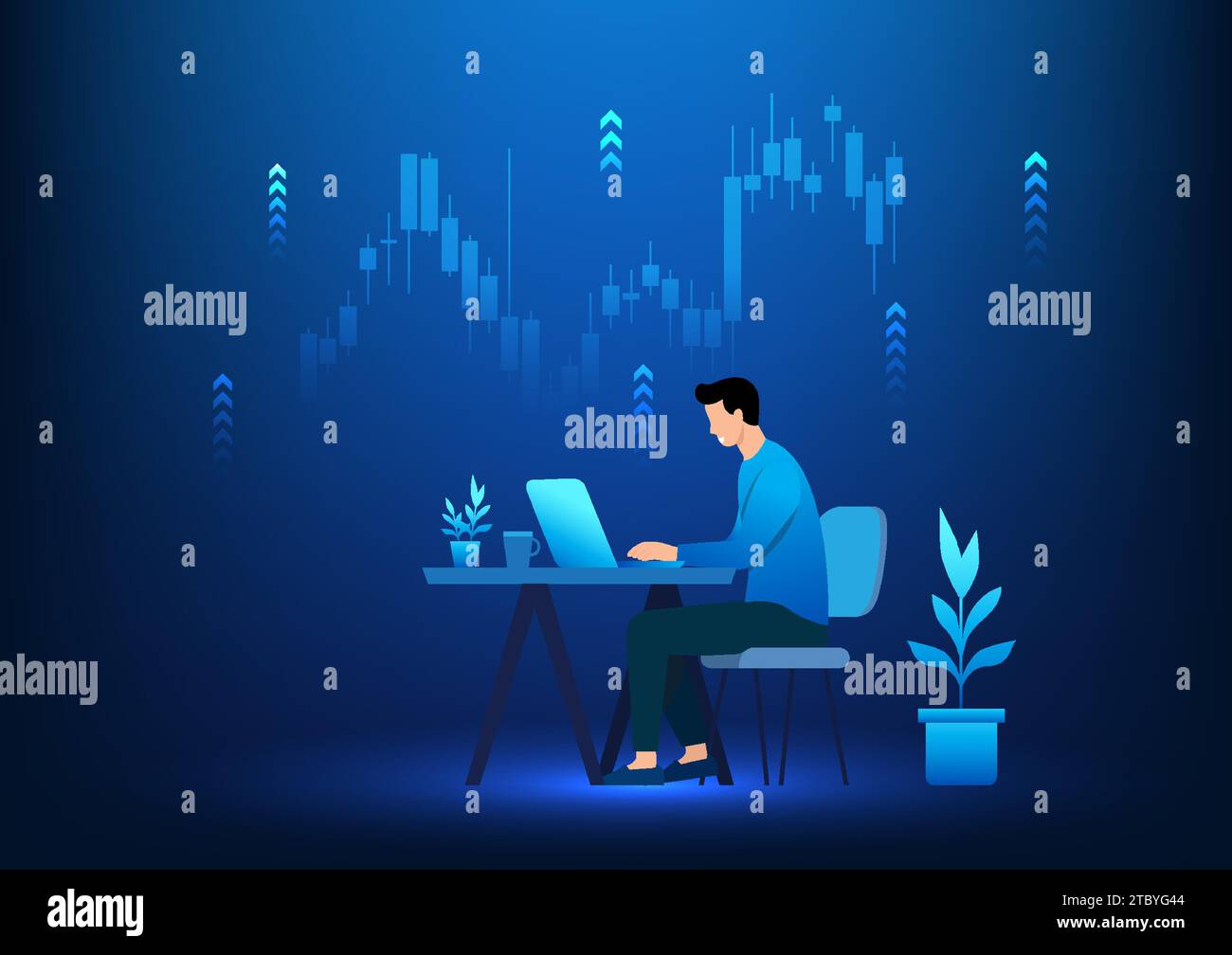 Un giovane uomo d'affari si siede e lavora su un tavolo e ha un portatile. Sul retro c'è un grafico delle scorte. Dimostra di lavorare per far crescere l'azienda e creare un pr Illustrazione Vettoriale