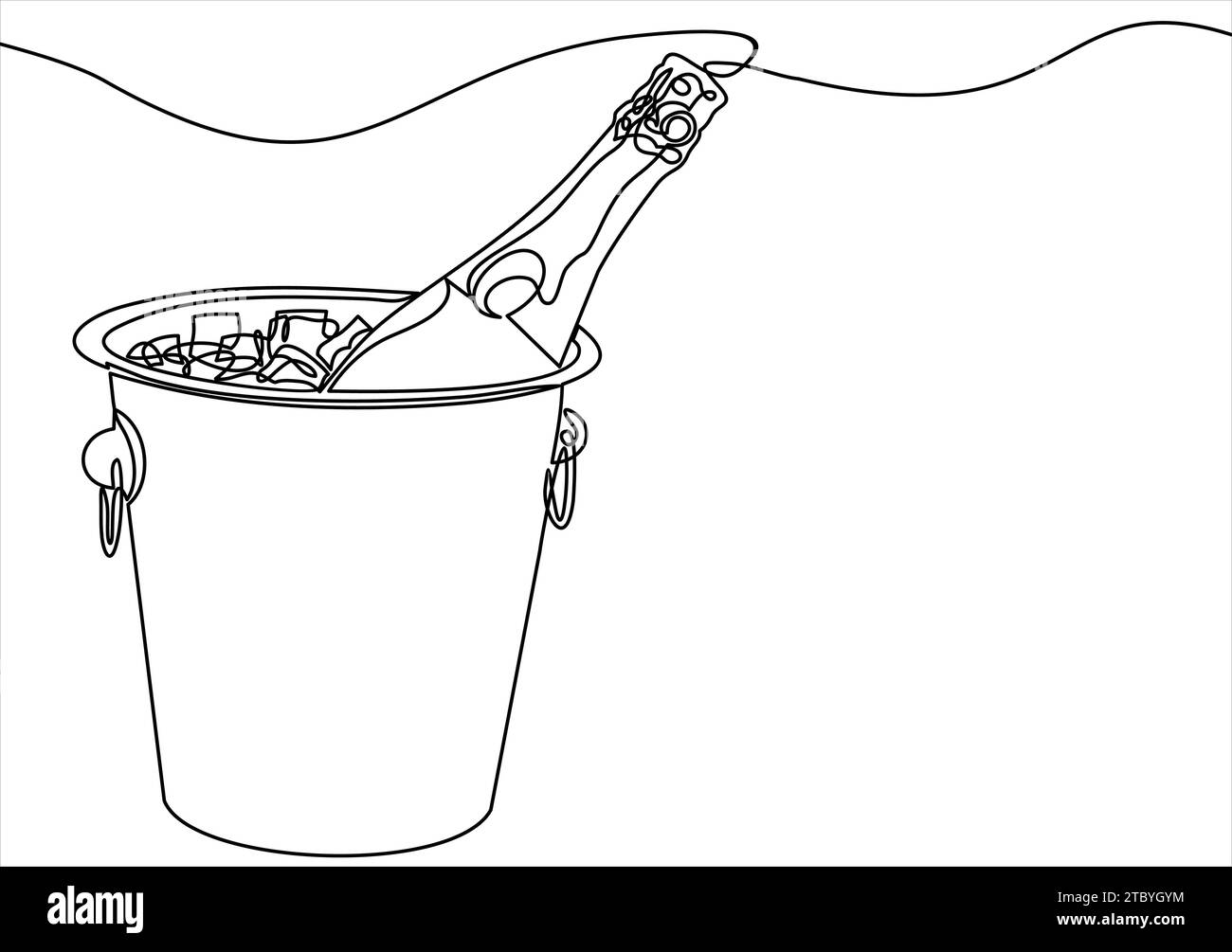 Bottiglia di champagne in secchiello con ghiaccio e bicchieri di champagne - linea continua Illustrazione Vettoriale