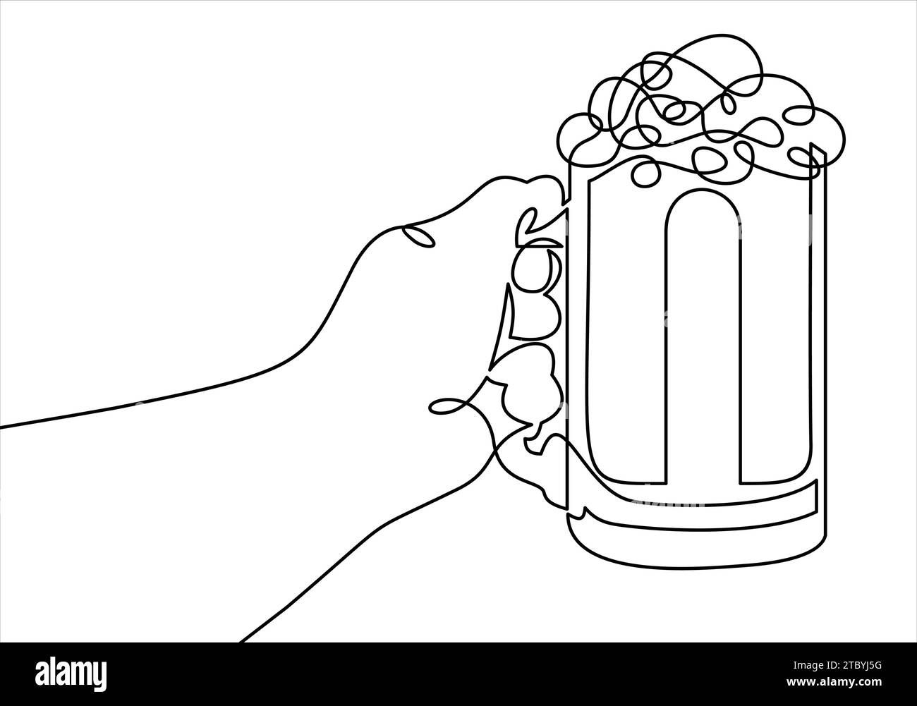 Linea continua del bicchiere di birra che tiene a mano. Illustrazione Vettoriale