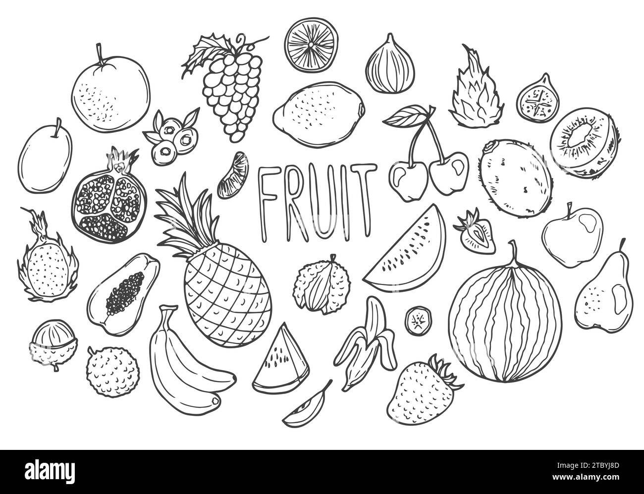 Fruits Doodle Icon fatta a mano. Illustrazione vettore schizzo ritaglio. Concetto di cibo fresco Illustrazione Vettoriale