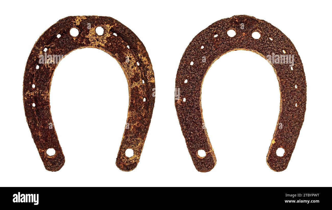 Rusty German Horseshoe della seconda guerra mondiale. Isolato su bianco Foto Stock