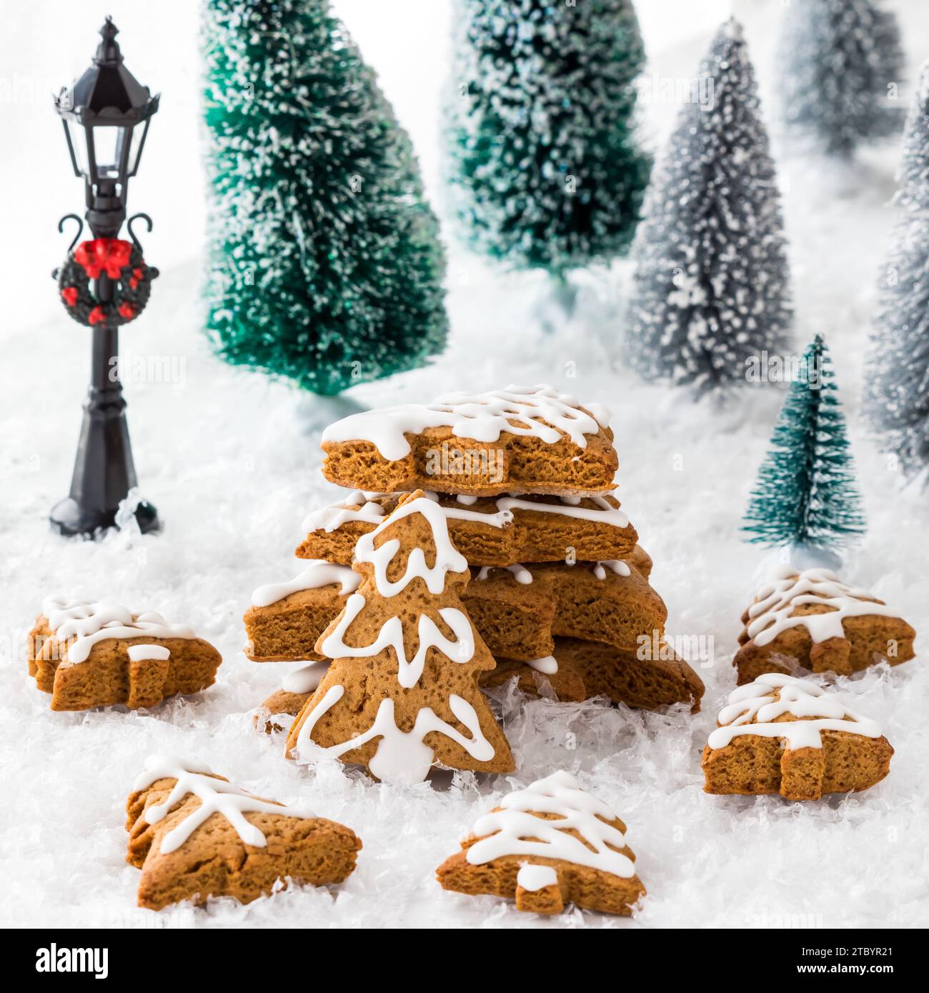 Una disposizione di alberi di pan di zenzero circondati da alberi e neve. Foto Stock