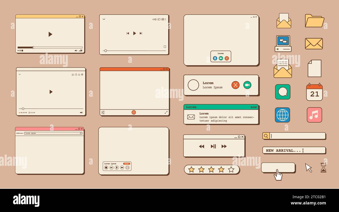 Grande set di modelli di finestre di dialogo e browser desktop vaporwave rétro. elementi dell'interfaccia utente del vecchio computer degli anni '80 '90 e icone estetiche vintage. No Illustrazione Vettoriale