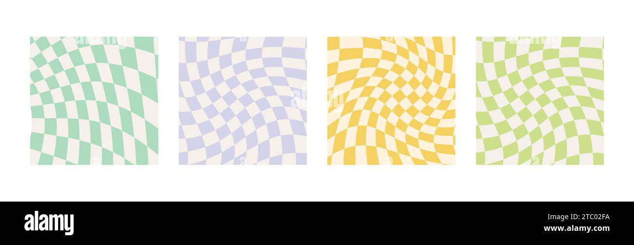 Set di sfondi a scacchiera Vichy contorti in colorati colori estivi. Motivo a scacchiera hippie grovigliato. Retro ondulato anni '60 anni '70 astratto psichedelico d Illustrazione Vettoriale