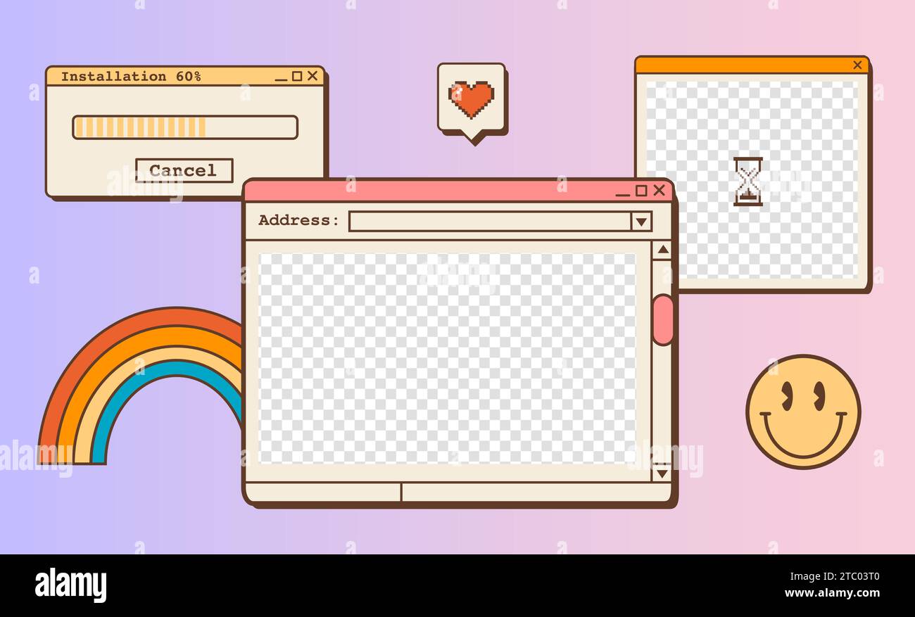 Modello di sfondo desktop vaporwave retro. Sfondo estetico vintage astratto. finestre di dialogo dell'interfaccia utente del vecchio computer del 90. Nostalgico retrò com Illustrazione Vettoriale