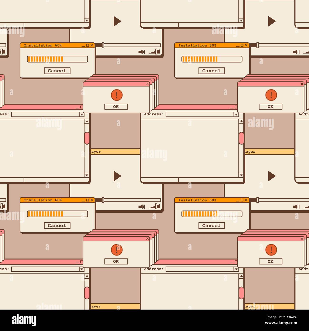 Modello senza cuciture estetico vecchio computer. Pannello retro dello schermo con elementi dell'interfaccia utente. Finestre dei messaggi con pulsanti, finestra di dialogo ed errore. 1980s 19 Illustrazione Vettoriale