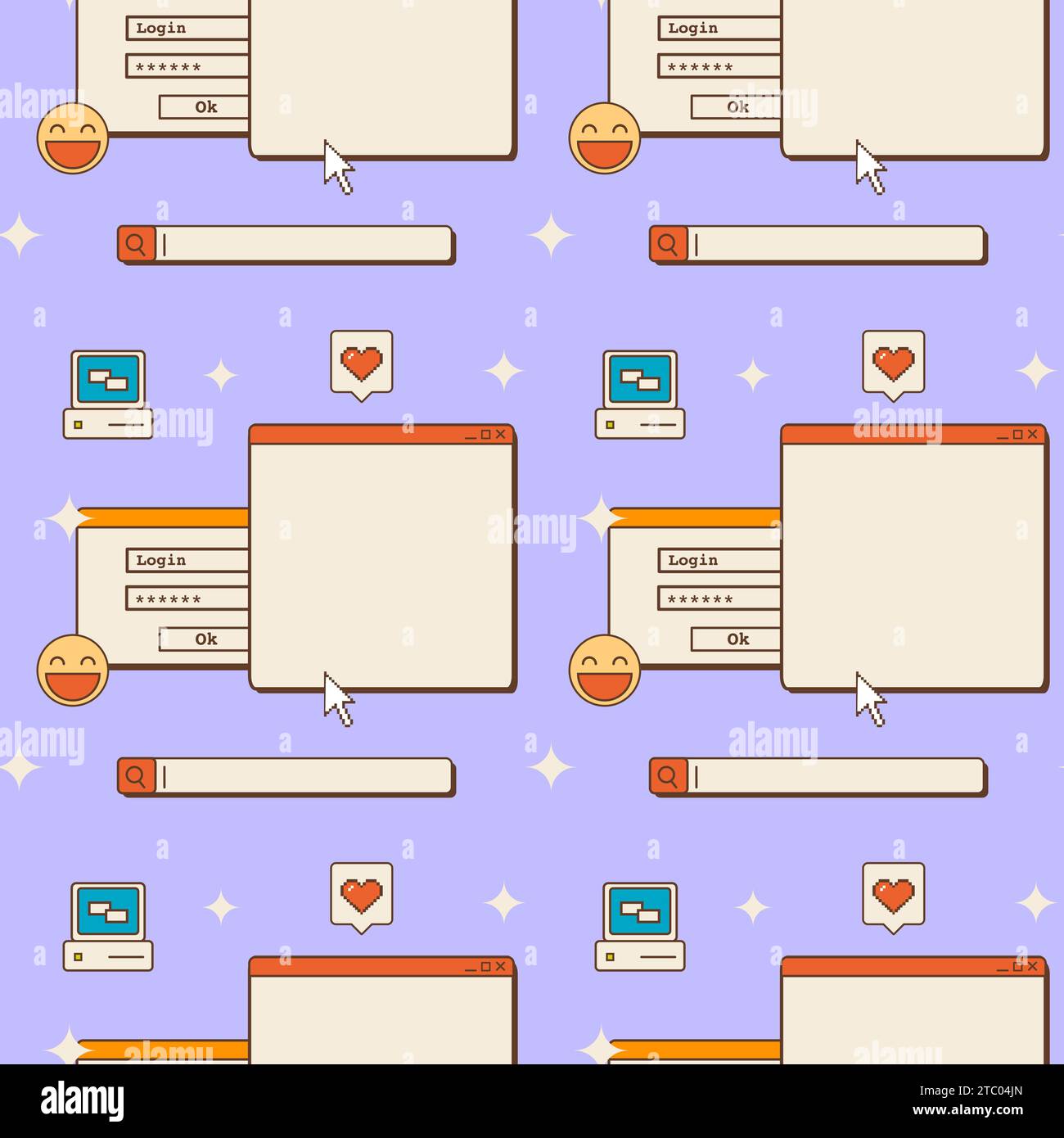 Sfondi estetici estetici rusi anni '80 anni '90 con vecchia interfaccia utente per computer, elementi nostalgici e adesivi. Modello senza cuciture in vaporwave S. Illustrazione Vettoriale