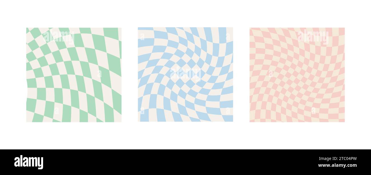 Set di sfondi a scacchiera ritorti in colori pastello pallido. Motivo a scacchiera hippie grovigliato. Design psichedelico astratto degli anni '60 e '70 ondulato in stile retrò Illustrazione Vettoriale