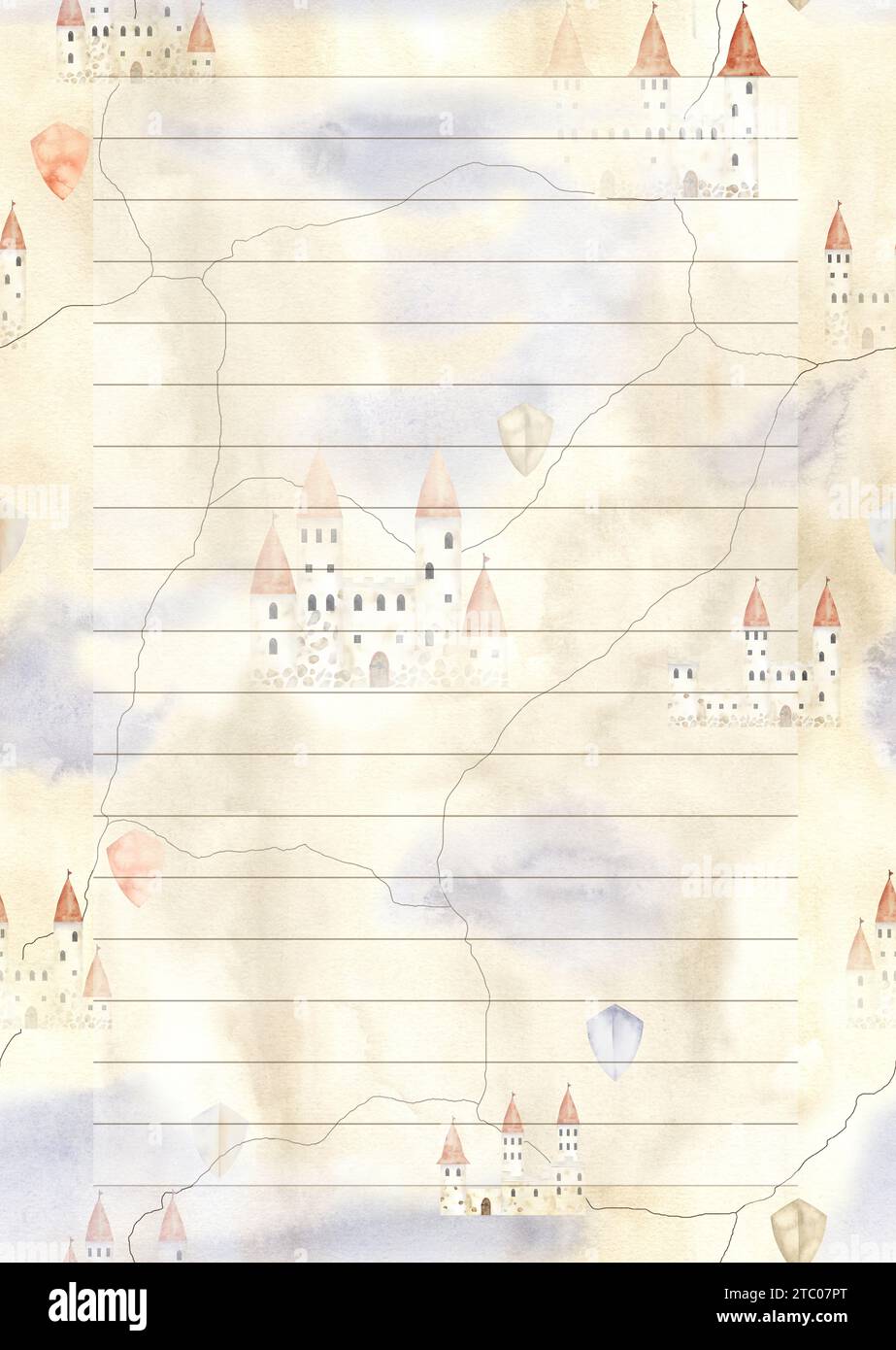 Modello medievale con castello. Vuoto in un notebook o una cartolina. Decorazioni fantasiose per carta stampata. Illustrazione del disegno a mano ad acquerello su bianco isolato Foto Stock