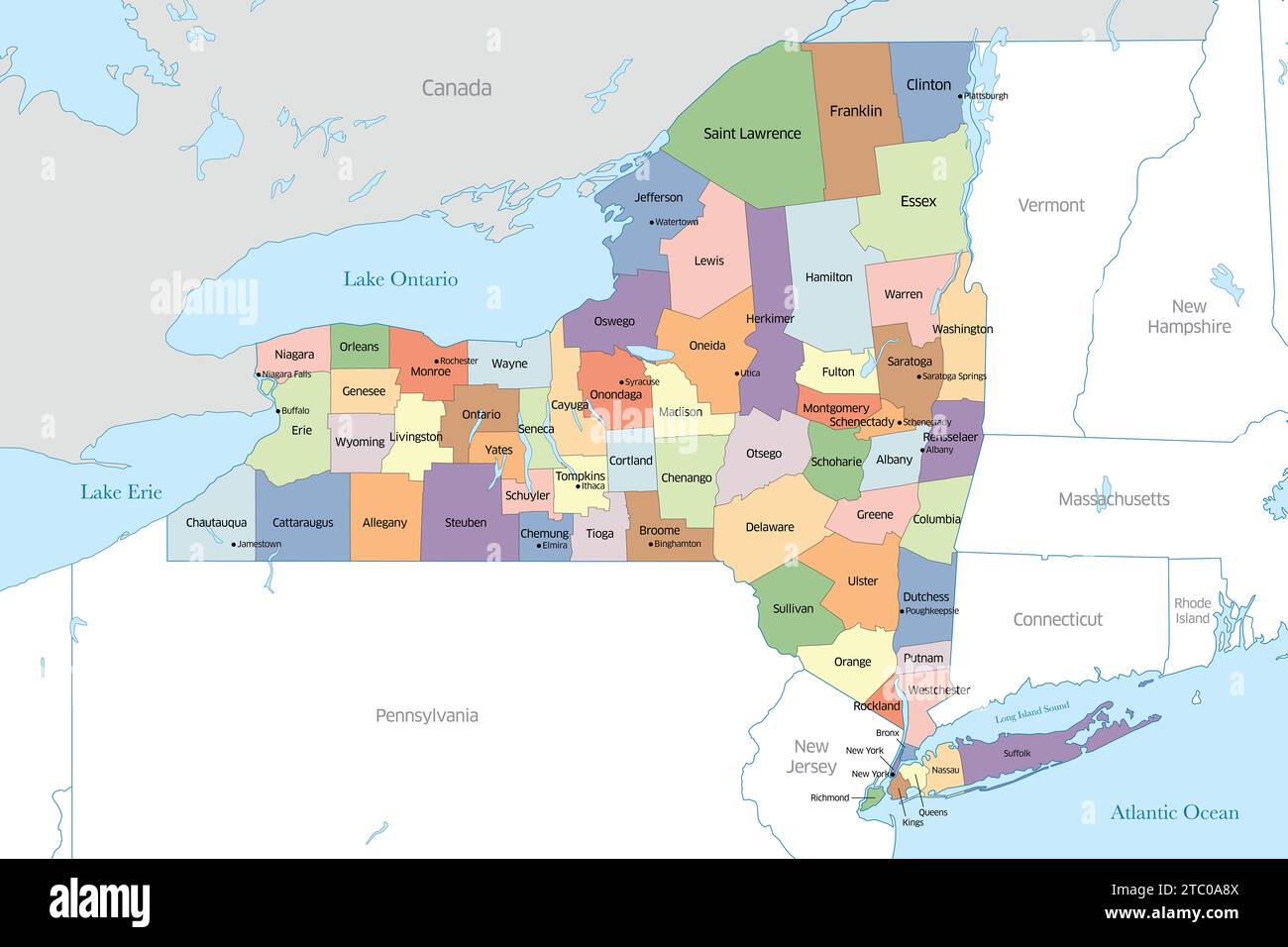 Mappa dello stato delle contee di New York Foto Stock