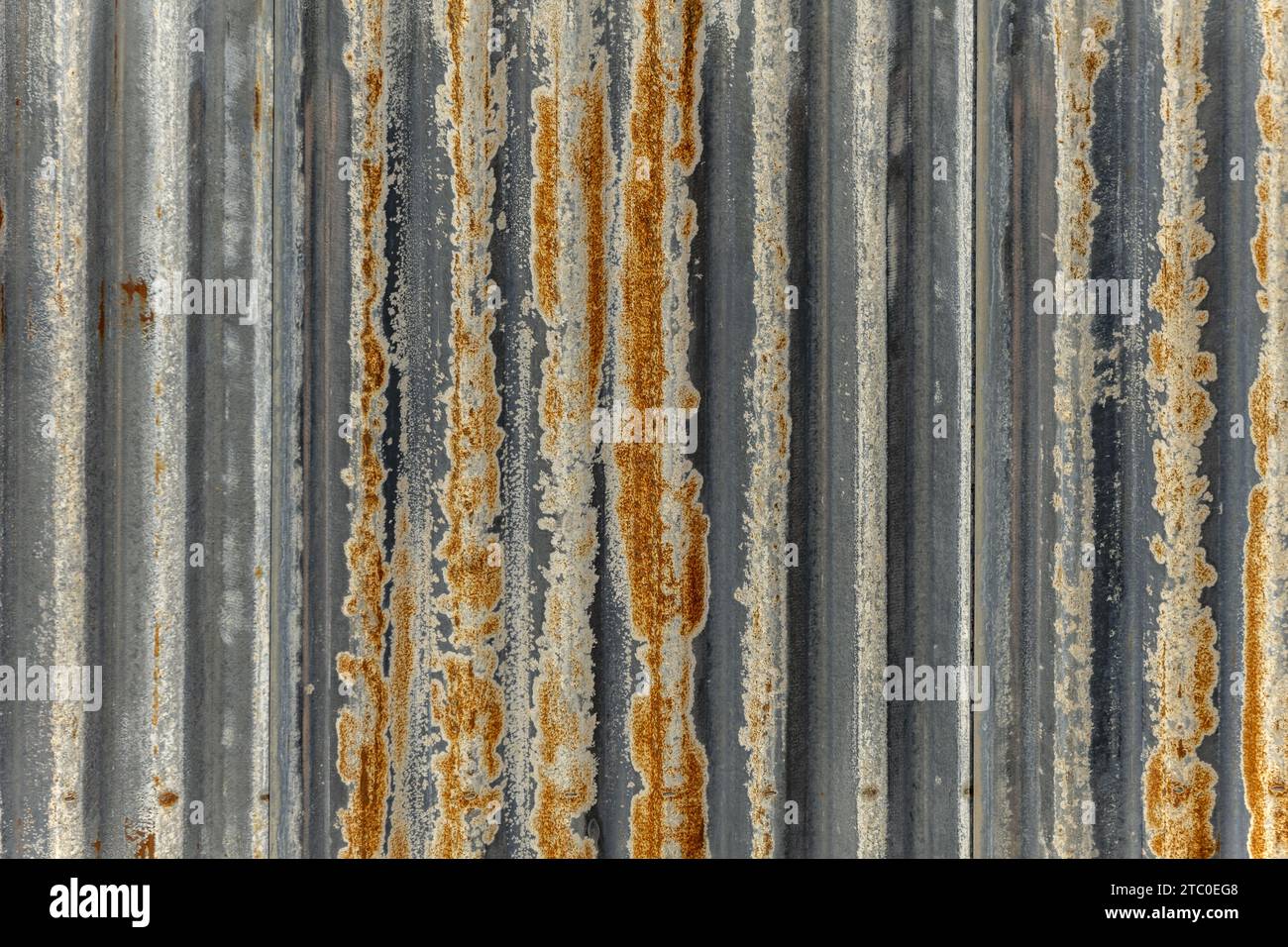 Una parete ricoperta di metallo ondulato arrugginito Foto Stock