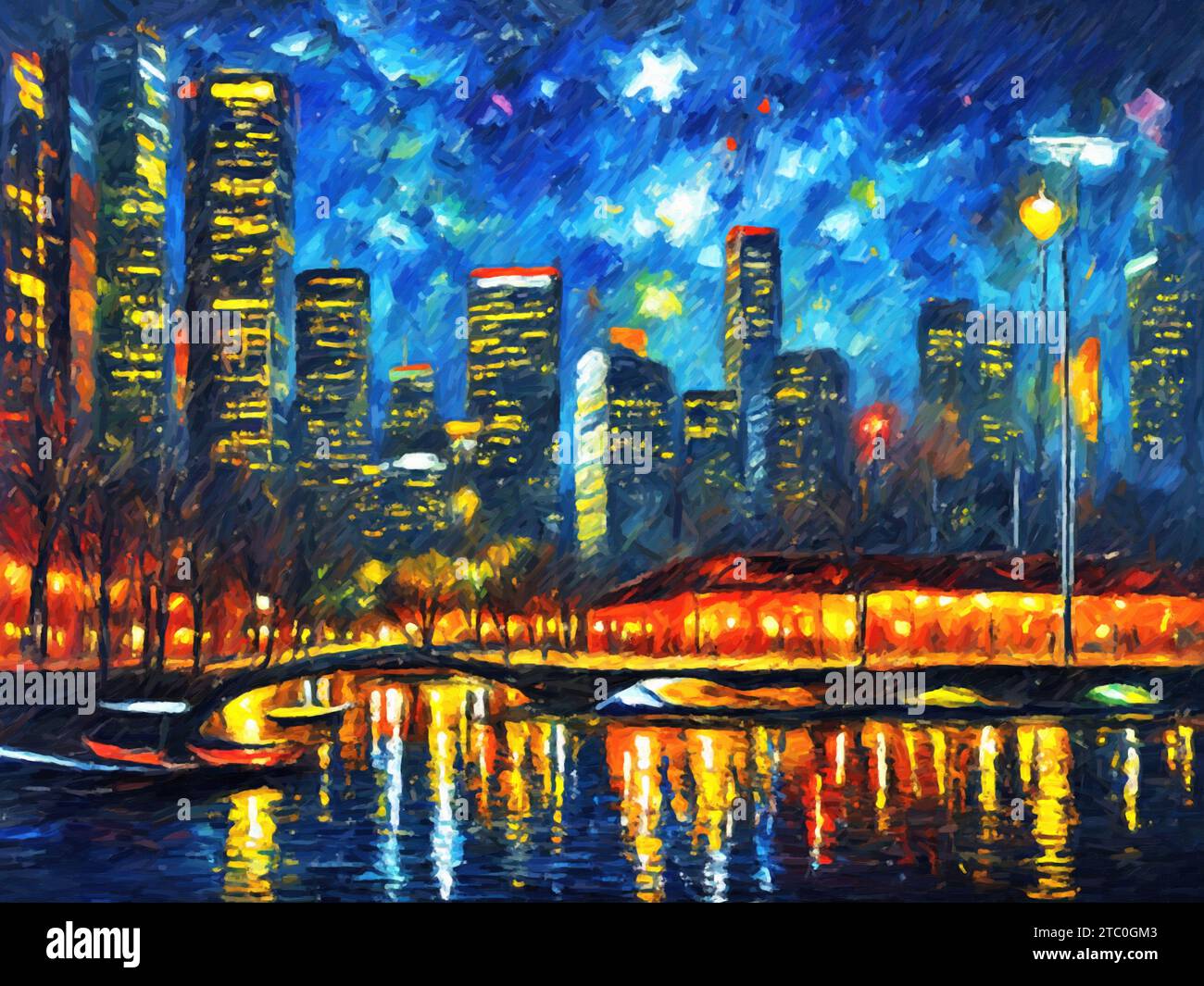 Luminescenza: La Sinfonia delle strade della città di pittura notturna (olio su tela). Foto Stock