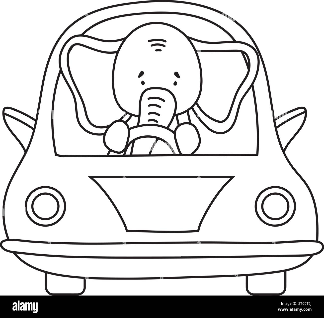 Pagina da colorare per bambini: Elephant Driving A Car, r, è Un libro da colorare divertente e creativo di illustrazioni vettoriali per bambini Illustrazione Vettoriale