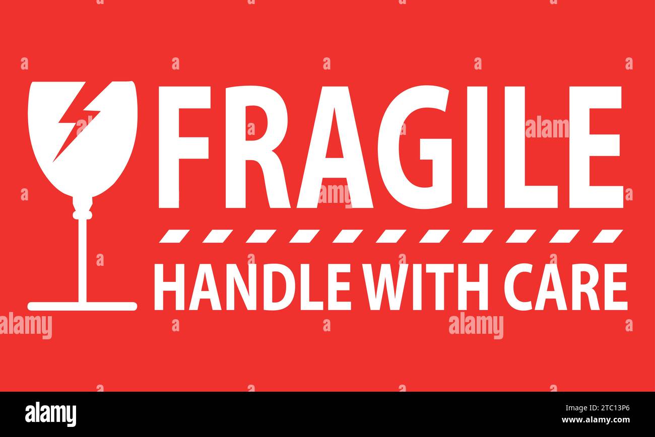 Manico fragile con adesivo protettivo, etichetta fragile con simbolo di vetro rotto vettore. Illustrazione Vettoriale