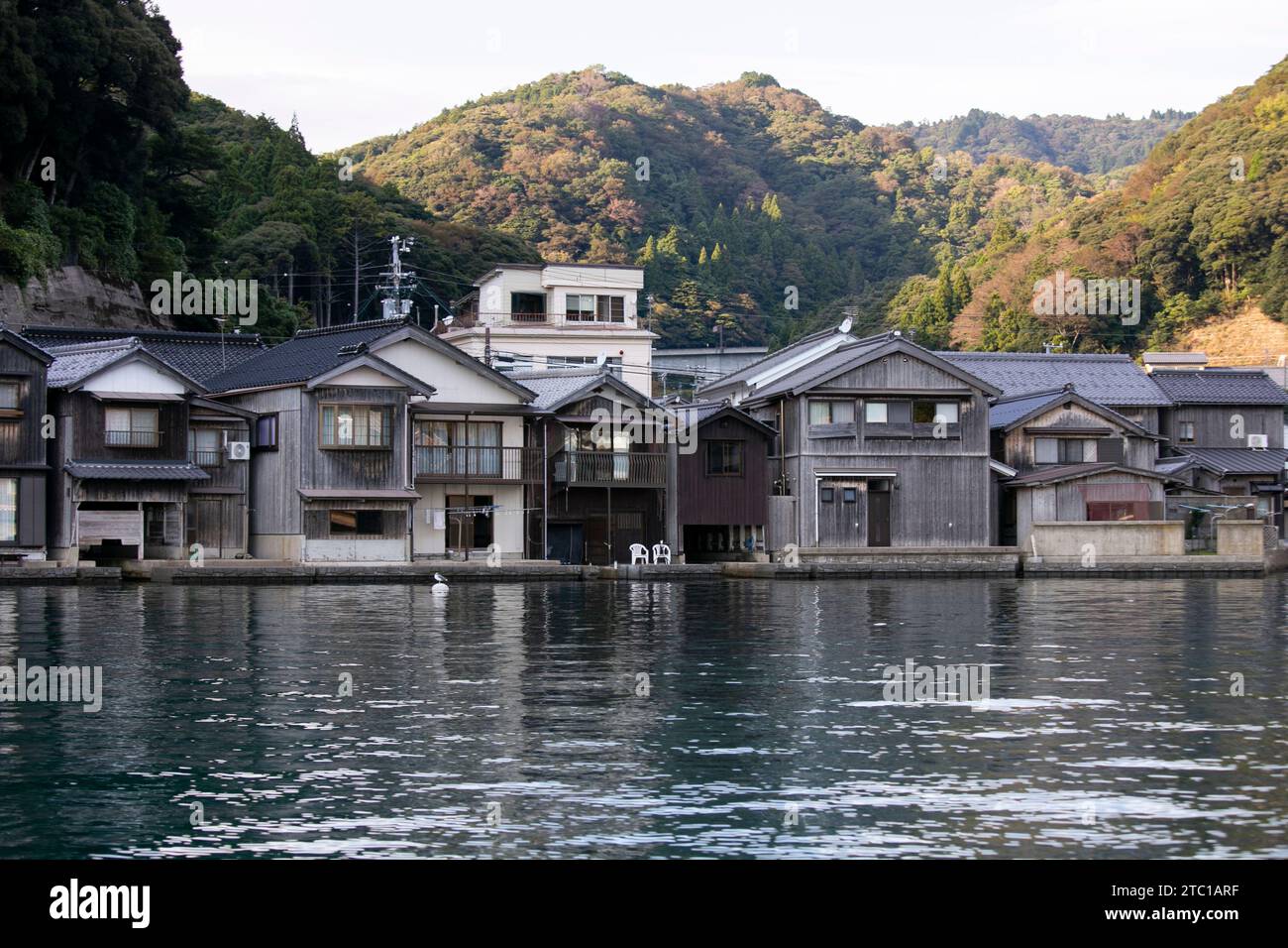 Splendido villaggio di pescatori di Ine, a nord di Kyoto. Funaya o case in barca sono tradizionali case in legno costruite sulla riva del mare. Foto Stock