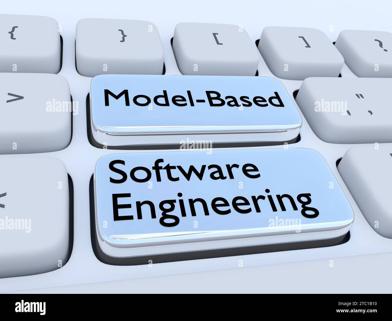 Illustrazione 3D della tastiera del computer con lo script Model-Based software Engineering su due pulsanti colorati. Foto Stock