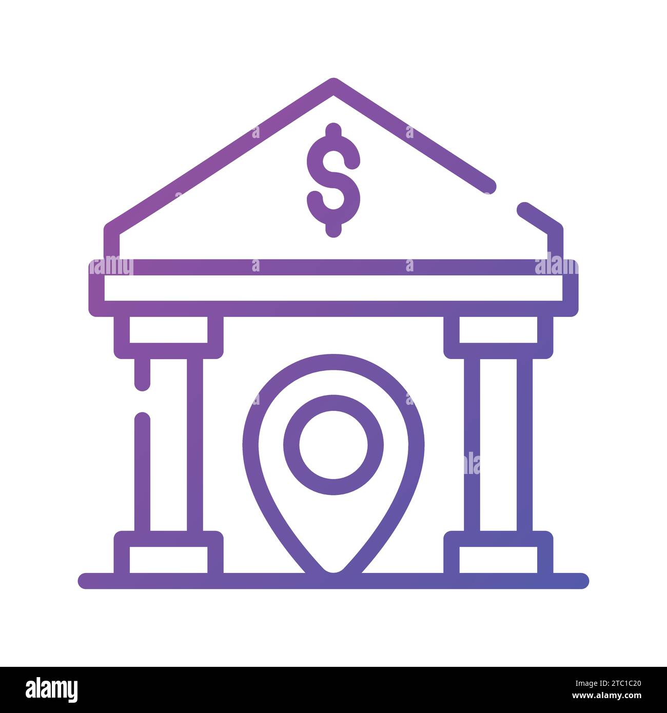 Pin di posizione con edificio della banca che mostra il vettore di concetto della posizione della banca. Illustrazione Vettoriale