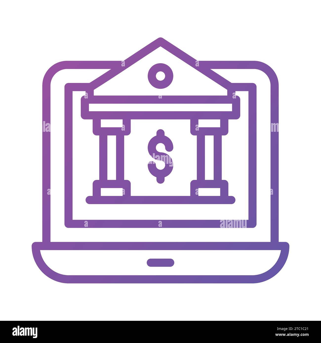 Edificio bancario con laptop raffigurante un sito Web della banca o un'icona di concetto di online banking. Illustrazione Vettoriale