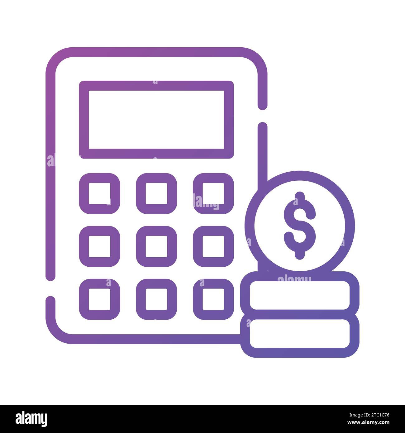 Calcolatrice con monete che indicano il vettore del concetto di contabilità, icona di calcolo del denaro. Illustrazione Vettoriale