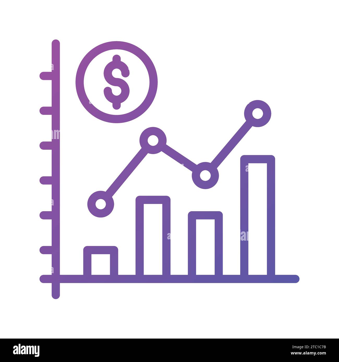 Grafico a barre e moneta in dollari che rappresentano l'analisi e l'interpretazione dei dati finanziari, vettore di analisi dei dati finanziari. Illustrazione Vettoriale