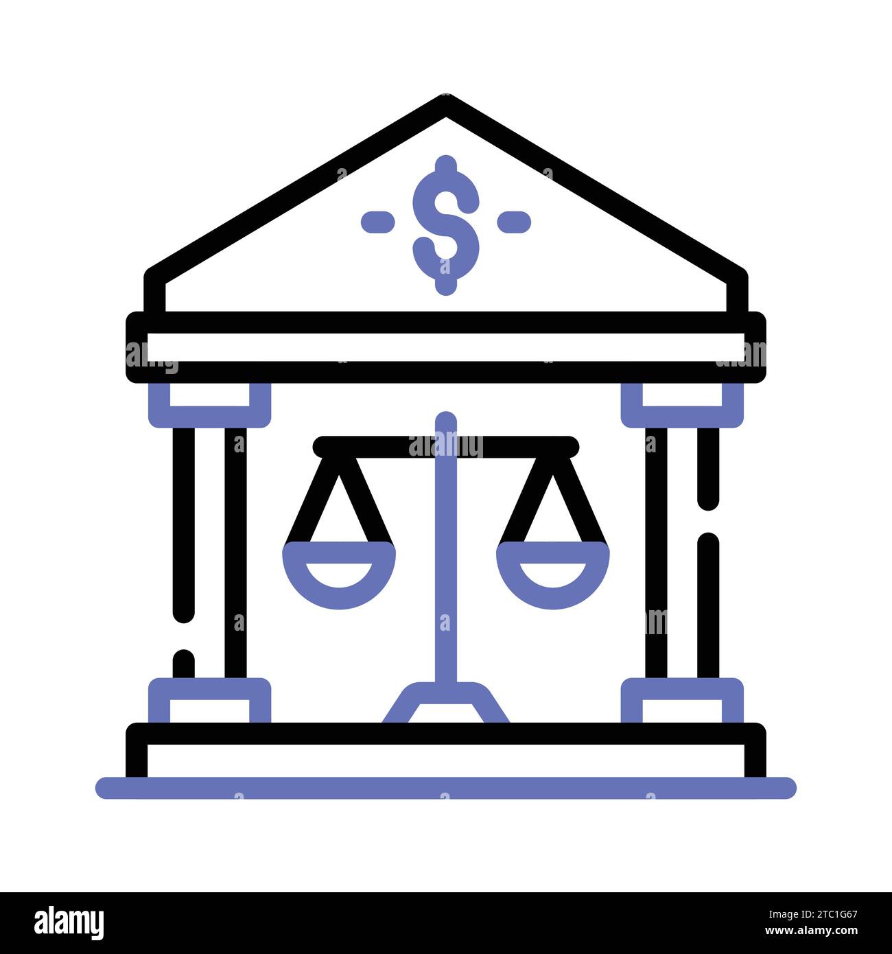 Bilancia la bilancia con l'edificio bancario che mostra l'icona del concetto di legge bancaria. Illustrazione Vettoriale