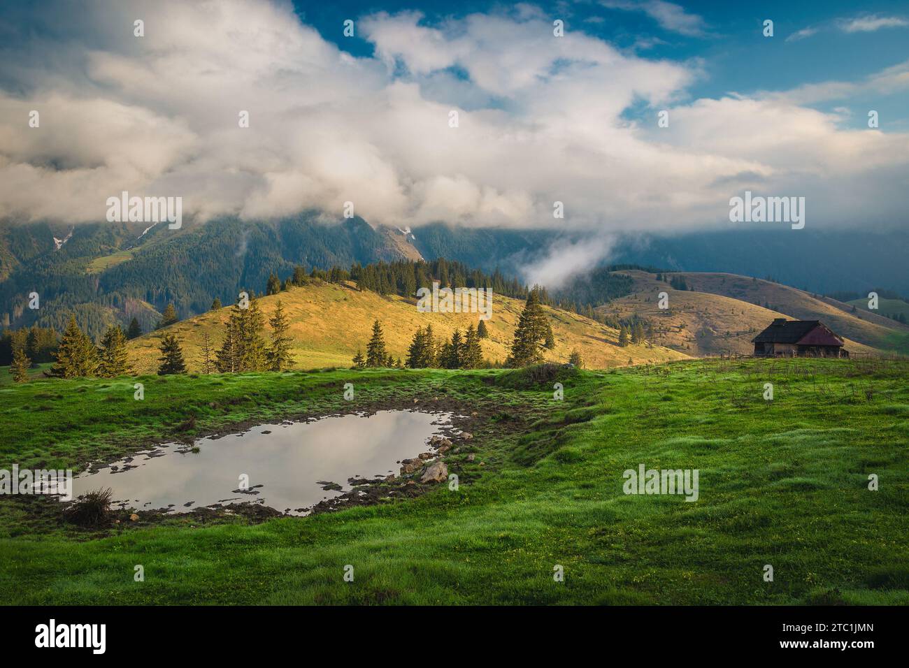 Maestoso fenomeno mattutino in montagna con pendici nebbiosi e piccolo lago, Carpazi, Romania, Europa Foto Stock