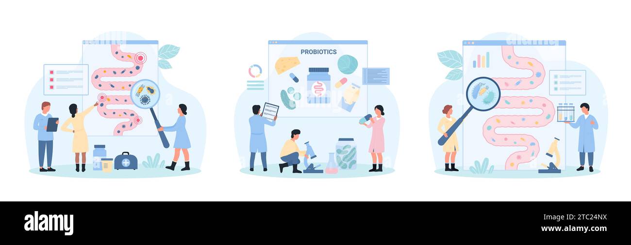 Illustrazione vettoriale del set di microbiomi intestinali sani. Cartoni animati le piccole persone con lente di ingrandimento controllano i batteri buoni e cattivi all'interno del tratto gastrointestinale umano e dell'intestino, consigliano alimenti probiotici e prebiotici Illustrazione Vettoriale