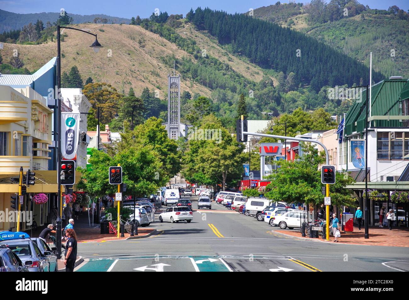 Christ Church Cathedral da Trafalgar Street, Nelson, regione di Nelson, South Island, nuova Zelanda Foto Stock