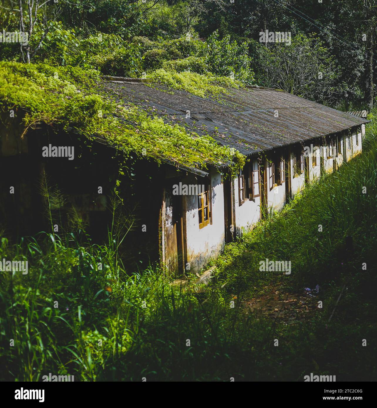 Una vecchia casa con alloggi per coloro che lavorano nell'industria ferroviaria in Sri Lanka Foto Stock