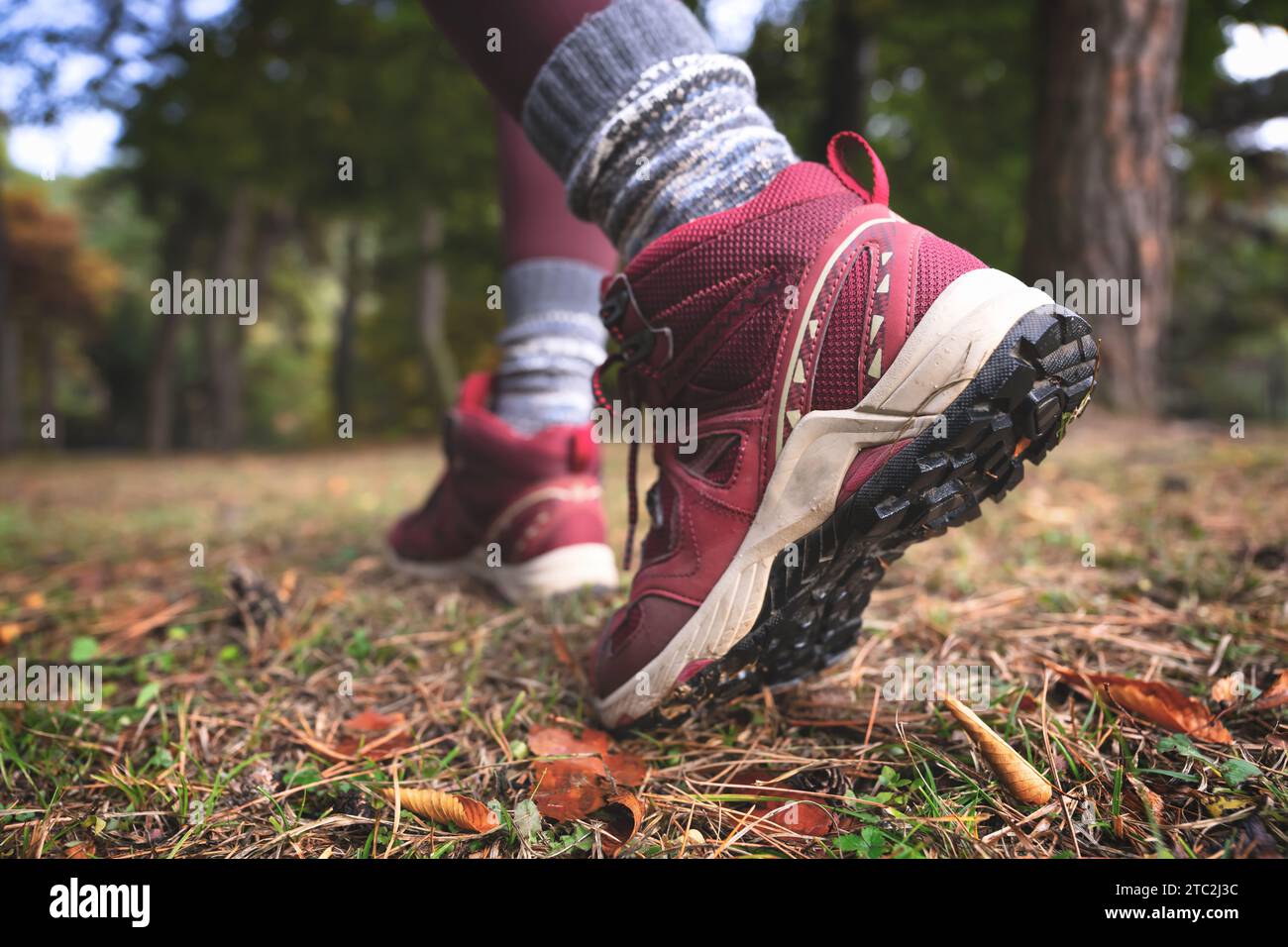 Primo piano di piedi che camminano fuori dal sentiero forestale. Girl Trail Running. Vista laterale Foto Stock