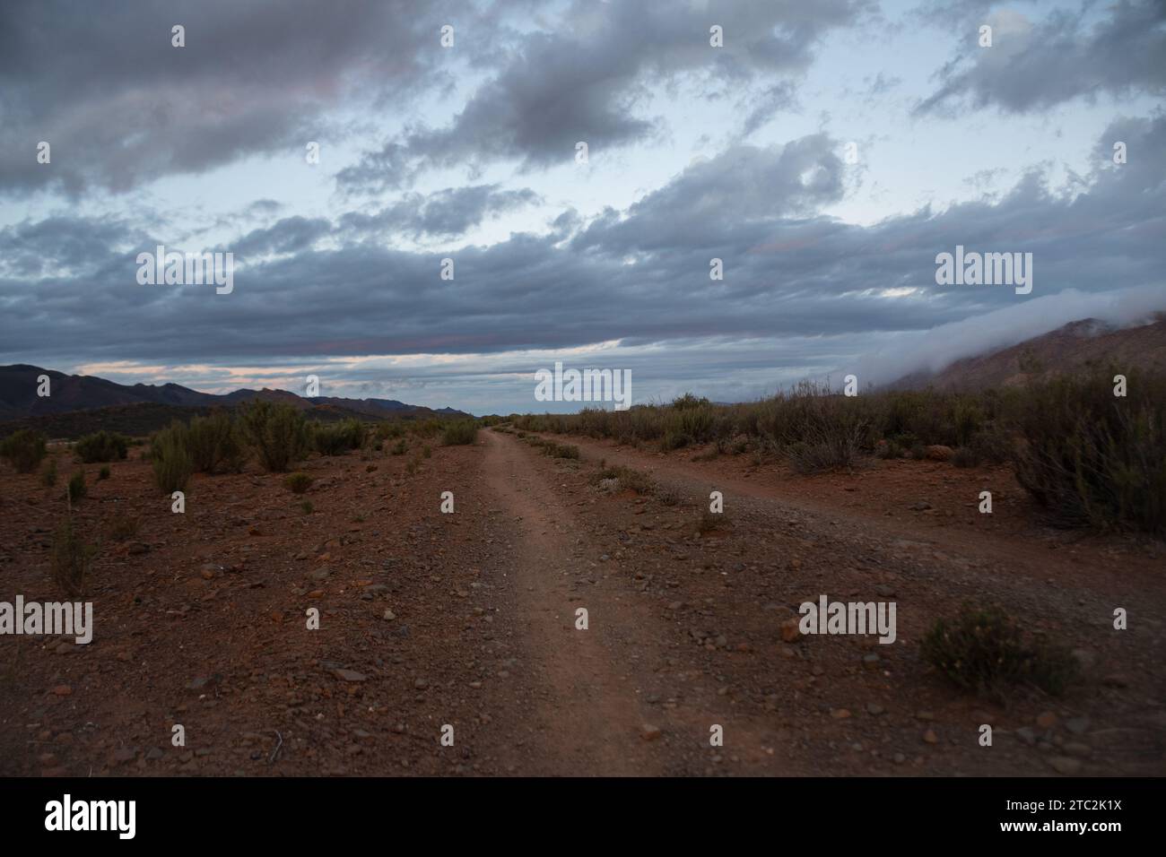 Strade sterrate nella fattoria Sandrivier chiamata Seweweeks Poort. Area di Karoo nel Capo Occidentale Sudafrica, aprile 2023 Foto Stock