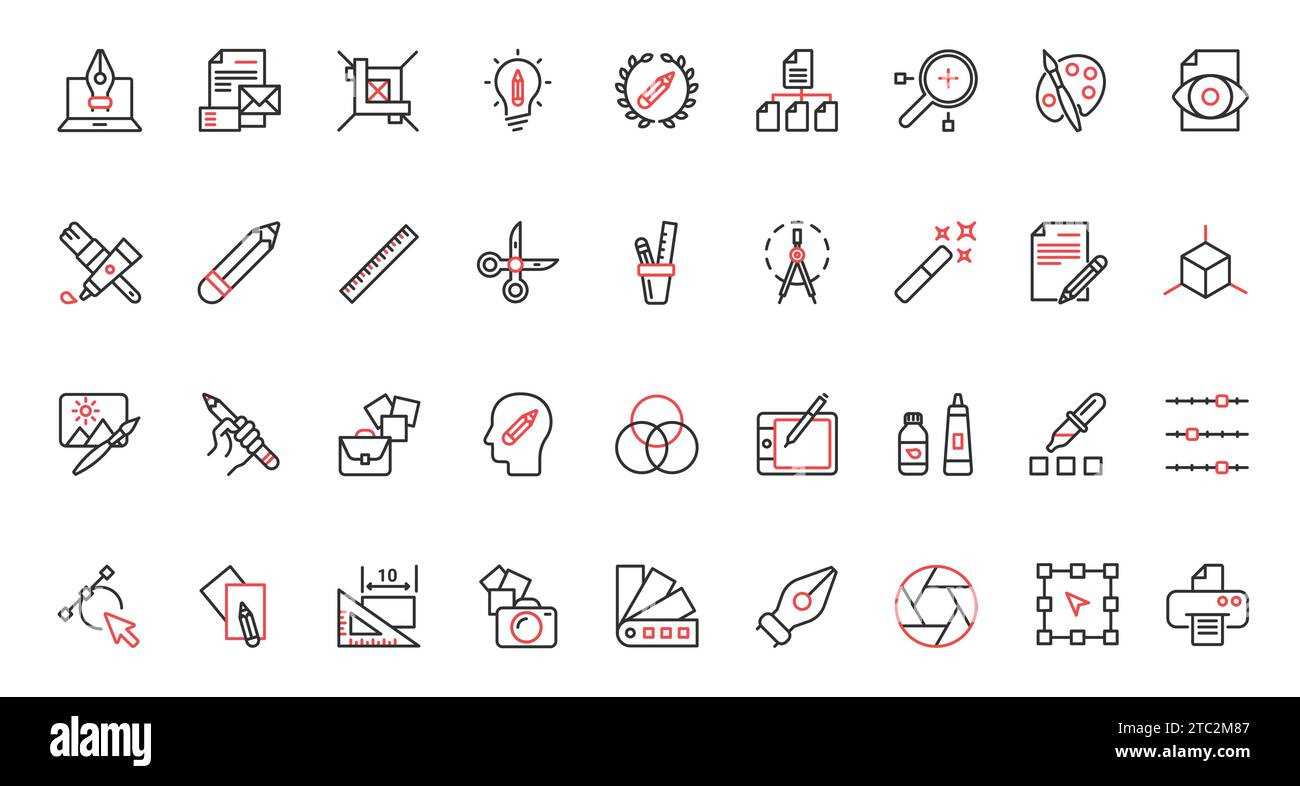 Design grafico icone rosse nere con linee sottili per un'illustrazione vettoriale. Strumenti per progetti creativi di designer, software e cancelleria per il pannello di interfaccia nell'app mobile, pacchetto per il portafoglio dei creatori. Illustrazione Vettoriale