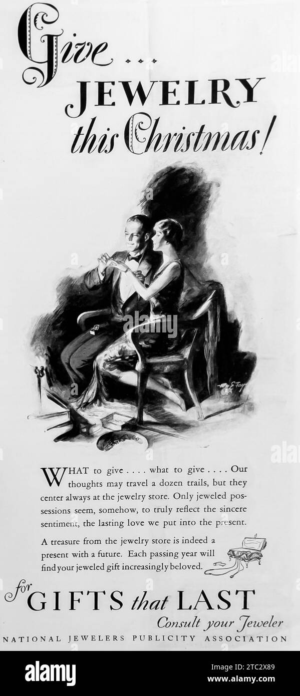 1928 annuncio dell'associazione nazionale di gioielleria pubblicitaria. Gioielli per Natale. "Regali duraturi" Foto Stock