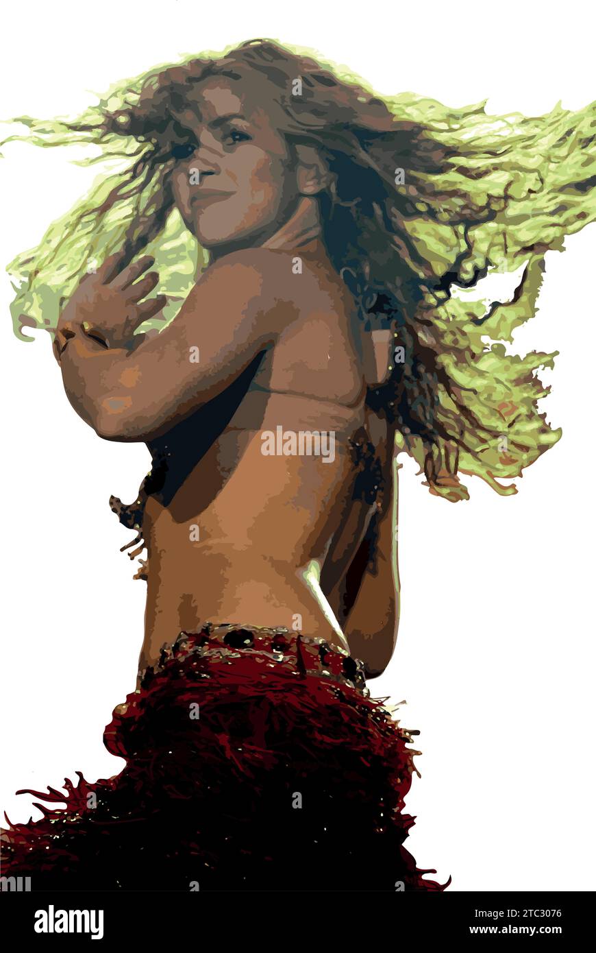 Ritratto di Shakira. Bianco vettoriale e colori. Cantante colombiana con capelli ondulati. Balla muovendo i fianchi, musica pop latina in Sud America. Illustrazione Vettoriale