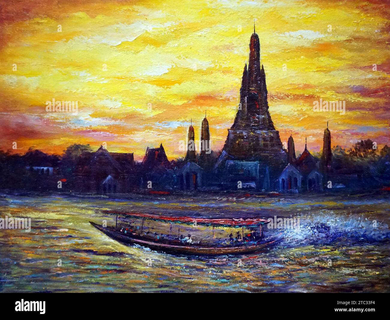 Dipinto originale colore ad olio tempio tailandese dell'alba Foto Stock