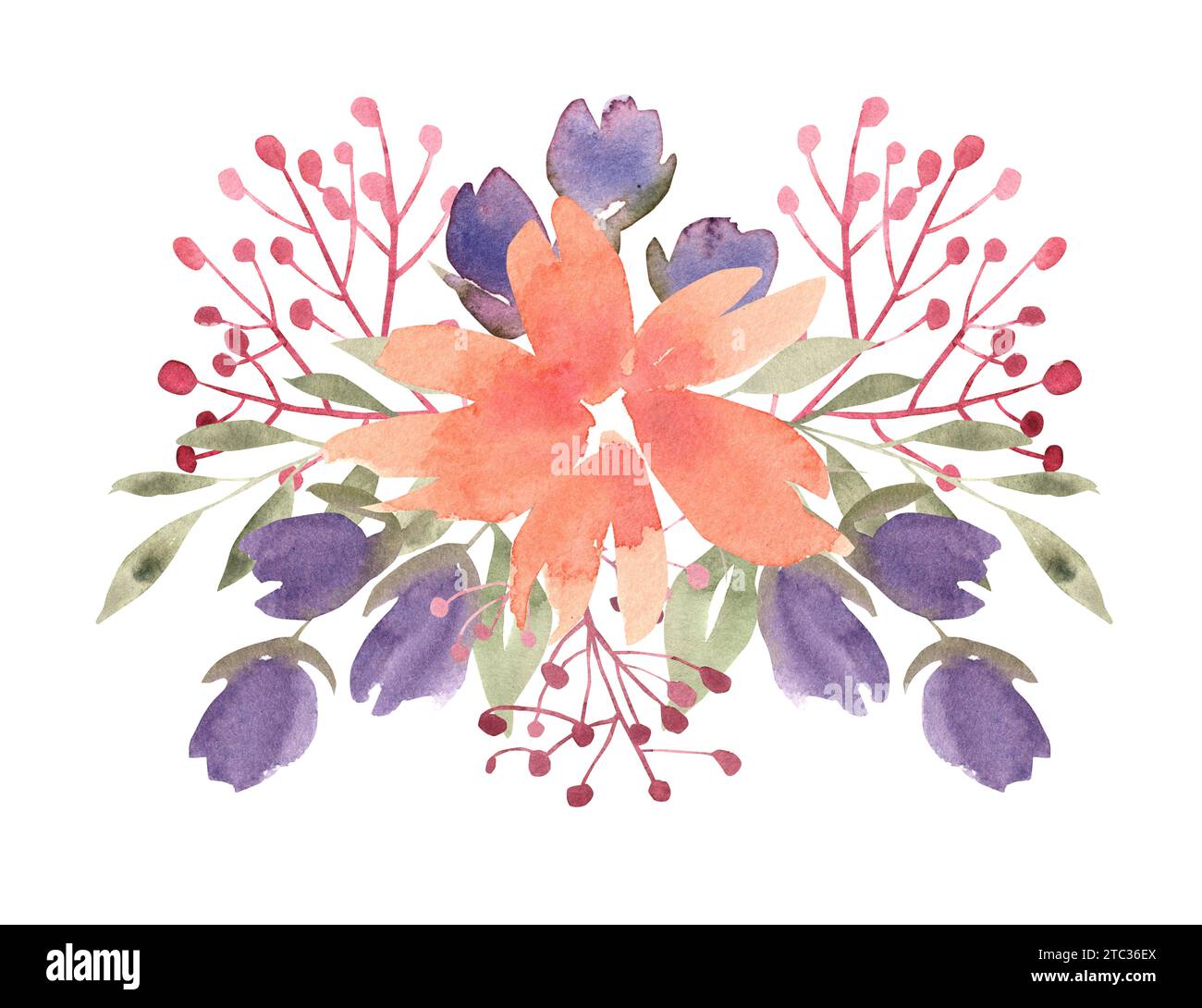 Bouquet floreale acquerello con fiori viola e arancio. Design isolato dipinto a mano. Illustrazione botanica per matrimoni, biglietti d'auguri Foto Stock