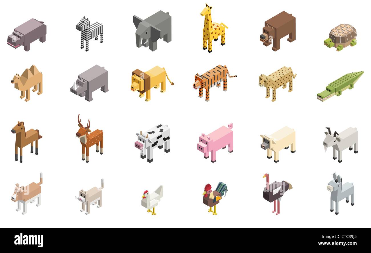 Illustrazioni isometriche isolate vettoriali in stile piatto degli animali Illustrazione Vettoriale