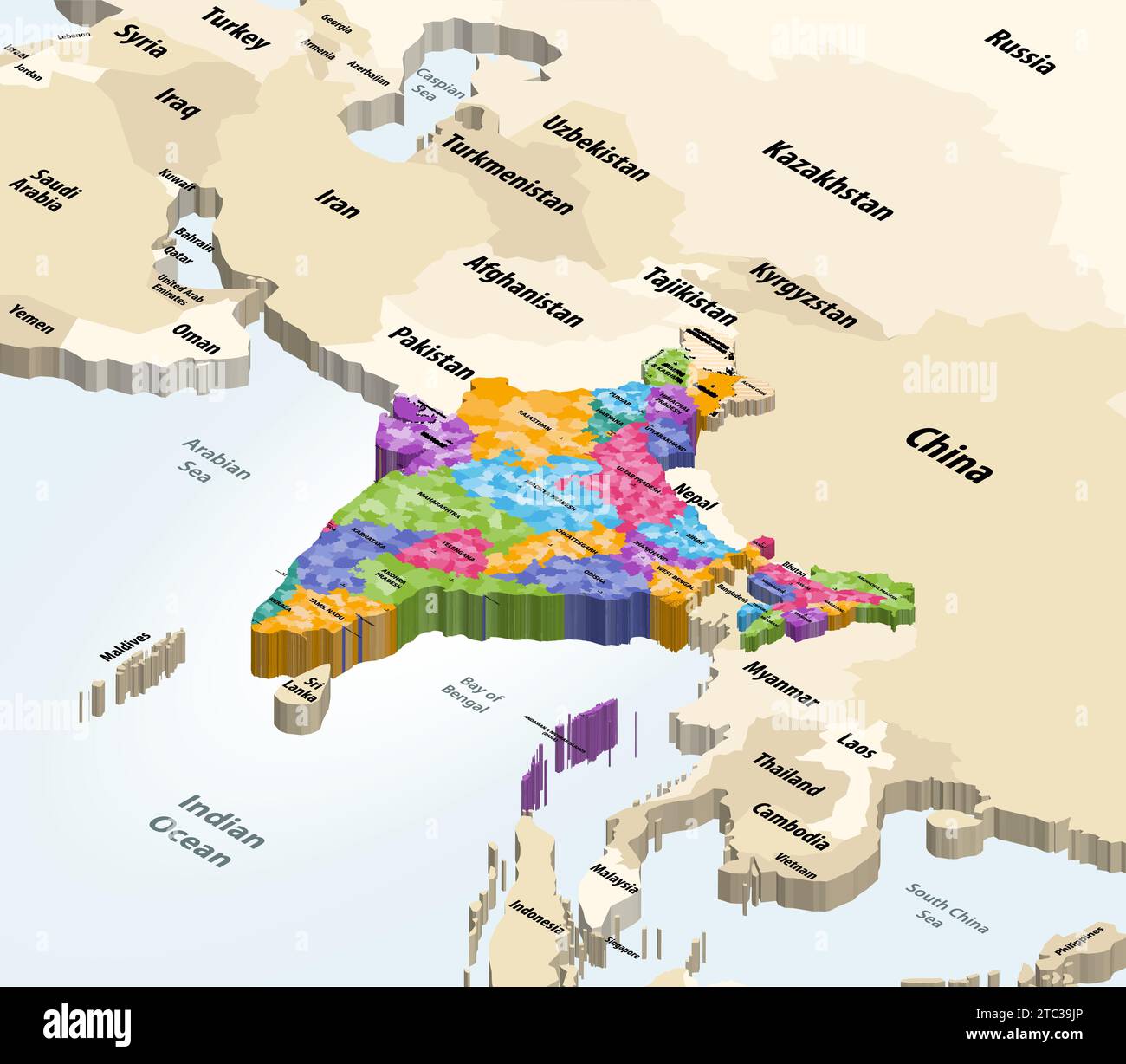 Mappa dei comuni dell'India con i paesi e territori confinanti mappa vettoriale Illustrazione Vettoriale