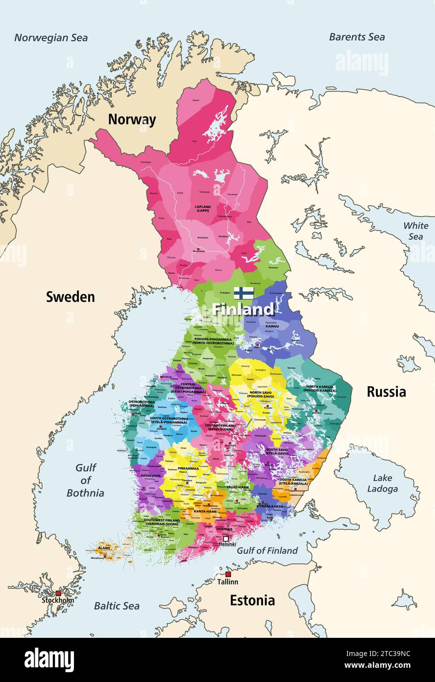 Comuni della Finlandia colorati per regioni mappa vettoriale con le capitali delle regioni, circondati da paesi e territori limitrofi Illustrazione Vettoriale